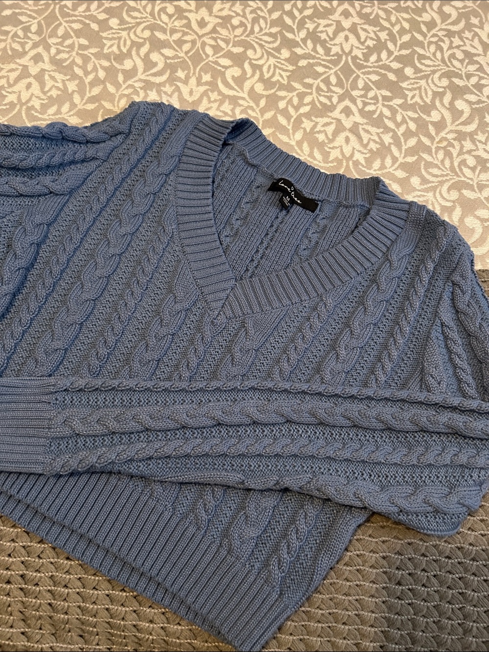 Vince Cable-Knit V-Neck Sweater in Dusty Blue